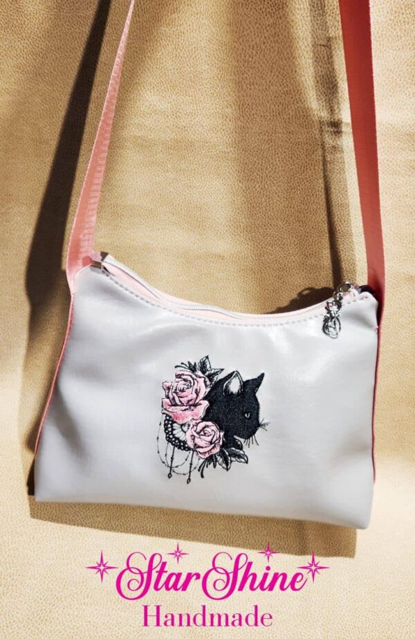 Magic Black Cat and Pink Roses Shoulder Bag