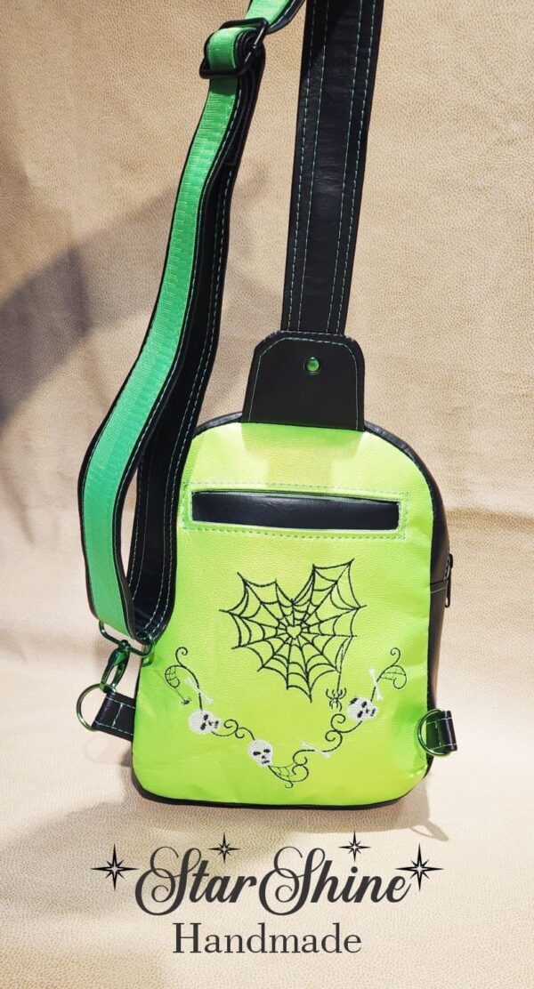 Metallic Green Gothic Sling Bag With Custom Embroidery - Rear view