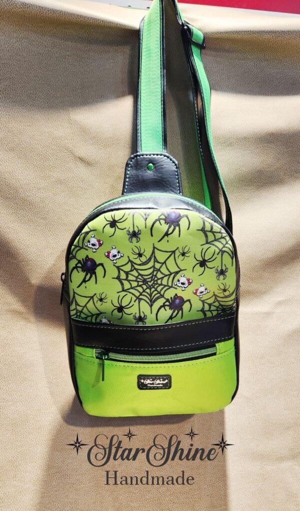 Metallic Green Gothic Sling Bag With Custom Embroidery - View with straps extended