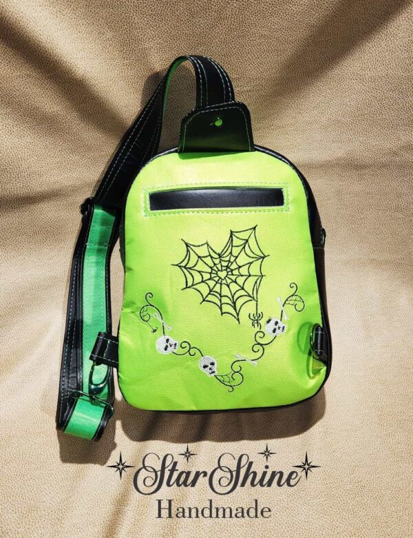 Metallic Green Gothic Sling Bag With Custom Embroidery - Back view