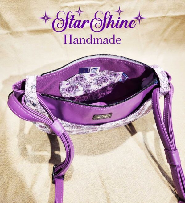 Purple Floral Retro Luna Shoulder Bag - Top view/slip pocket