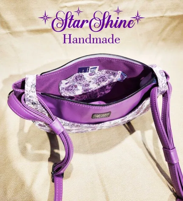Purple Floral Retro Luna Shoulder Bag - Top view/slip pocket