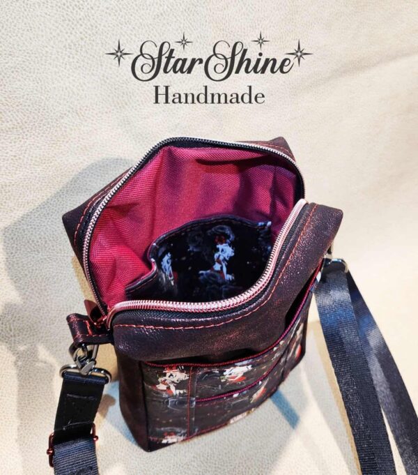 Betty Boop Pixie Crossbody in sparkling red faux leather. Interior view