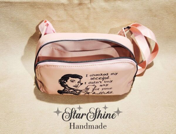 Pearl Pink Convertible Crossbody featuring a vintage inspired sarcastic quote “I Checked My Receipt, I didn't buy any of your bullshit”. Interior view