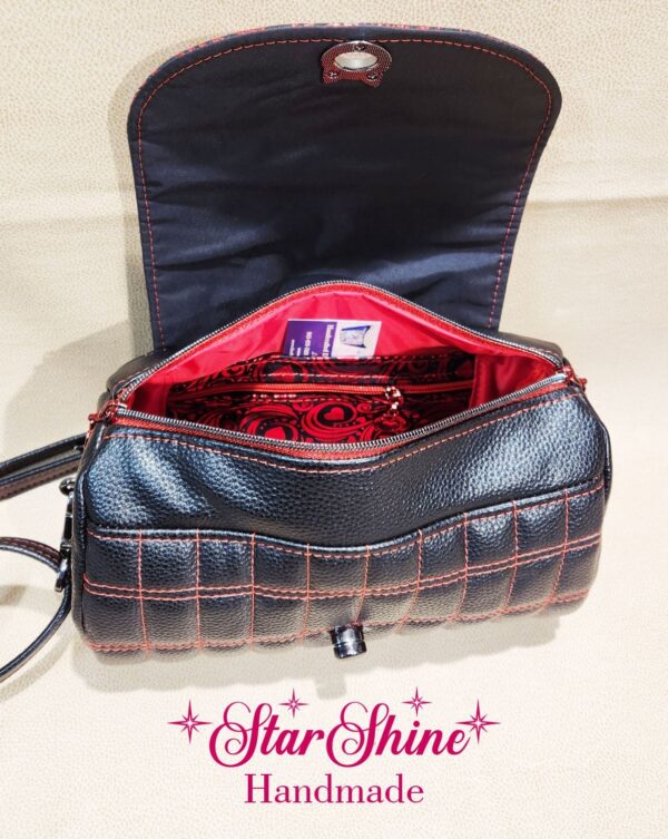 Black and Metallic Red Hearts Barrel Crossbody. Interior View