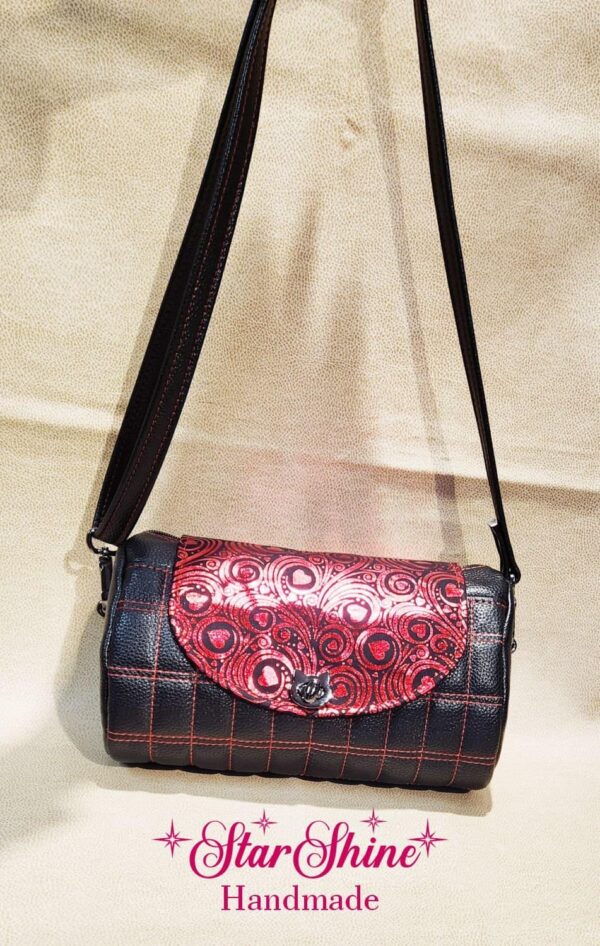 Black and Metallic Red Hearts Barrel Crossbody
