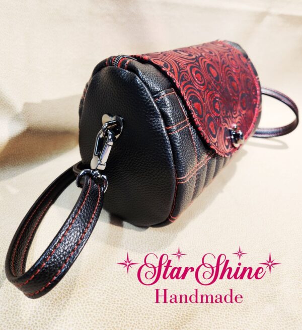 Black and Metallic Red Hearts Barrel Crossbody. Side View
