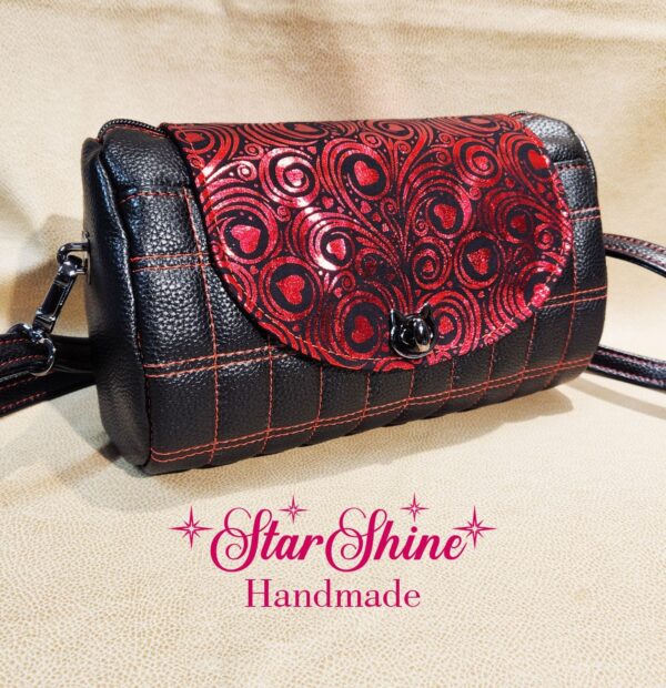 Black and Metallic Red Hearts Barrel Crossbody