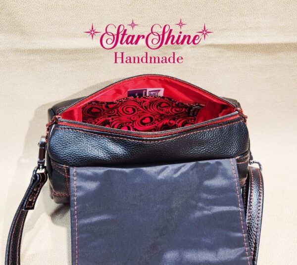 Black and Metallic Red Hearts Barrel Crossbody. Interior View