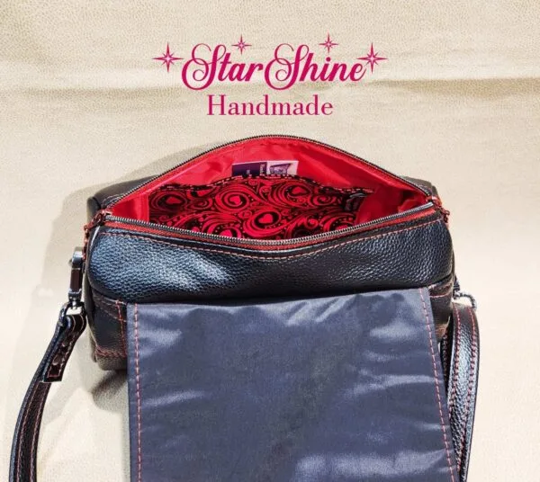 Black and Metallic Red Hearts Barrel Crossbody. Interior View