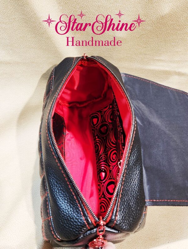 Black and Metallic Red Hearts Barrel Crossbody. Interior View