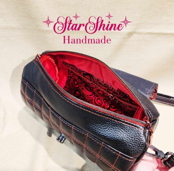 Black and Metallic Red Hearts Barrel Crossbody. Interior View