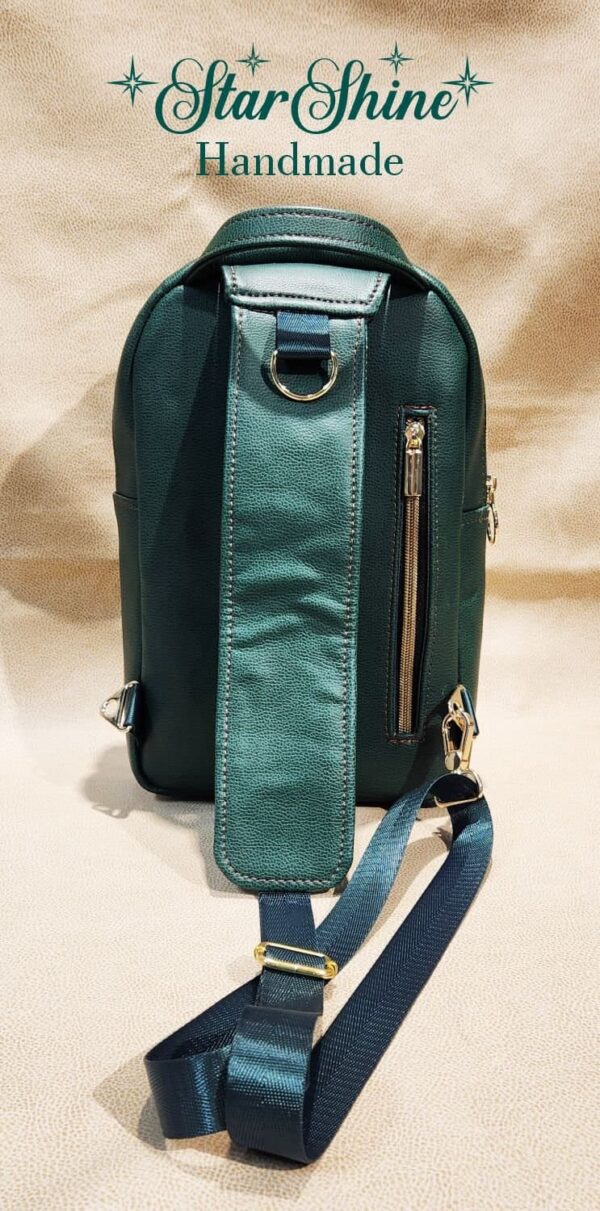 Emerald Green and Metallic Gold Paisley Sling/Crossbody Bag. Rear View.