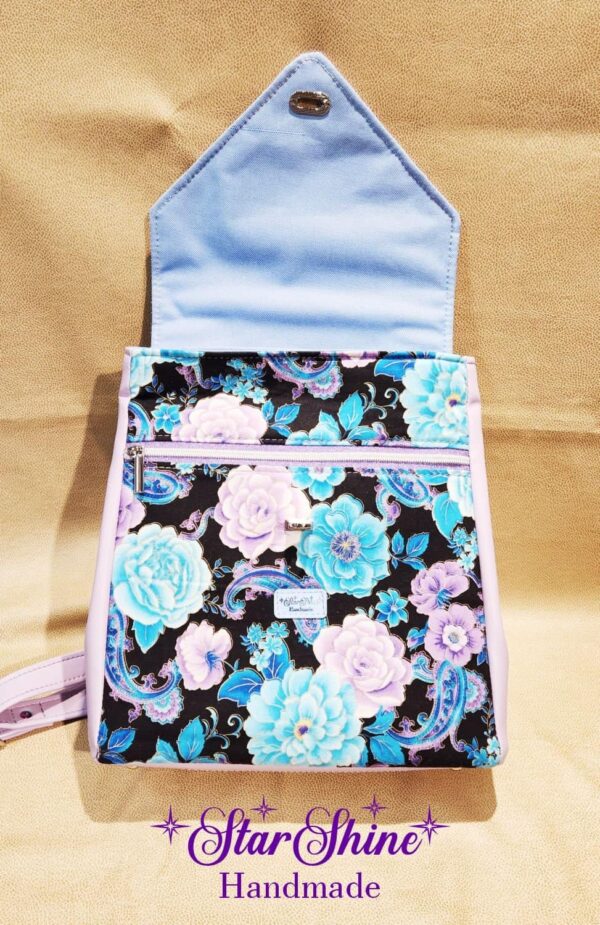 Lavender and Blue Floral Meraki Backpack. Pocket Open View.