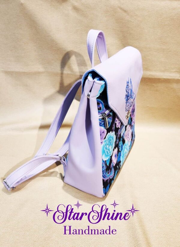 Lavender and Blue Floral Meraki Backpack. Side View