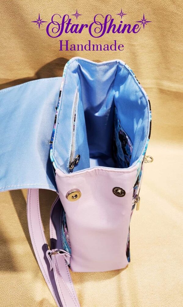 Lavender and Blue Floral Meraki Backpack. Interior View