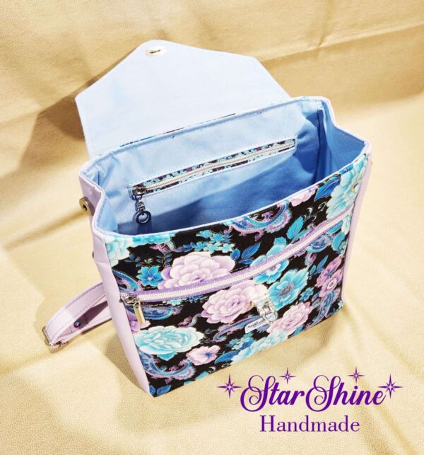 Lavender and Blue Floral Meraki Backpack. Interior View
