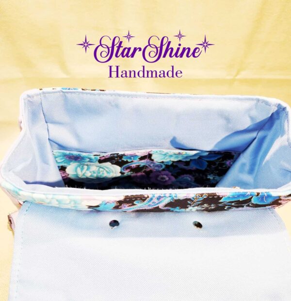 Lavender and Blue Floral Meraki Backpack. Interior View