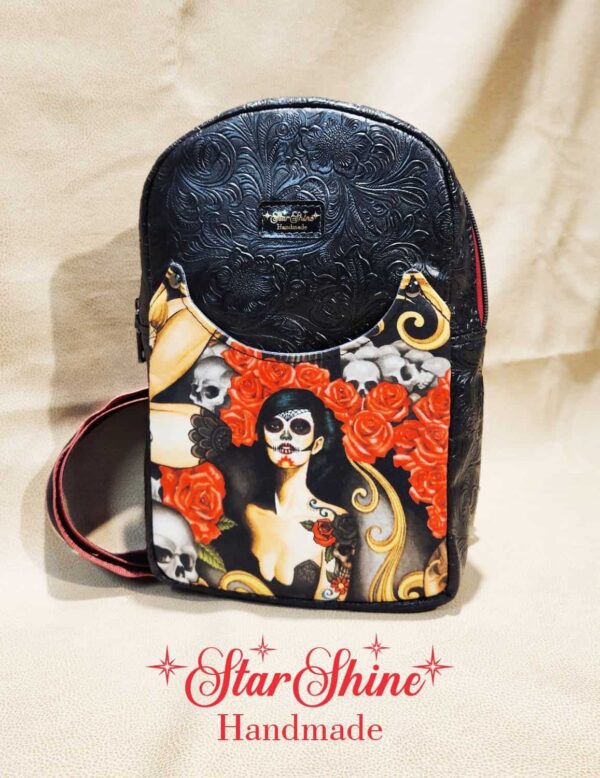 Los Muertos Pin-Up Sling Bag. Front View.