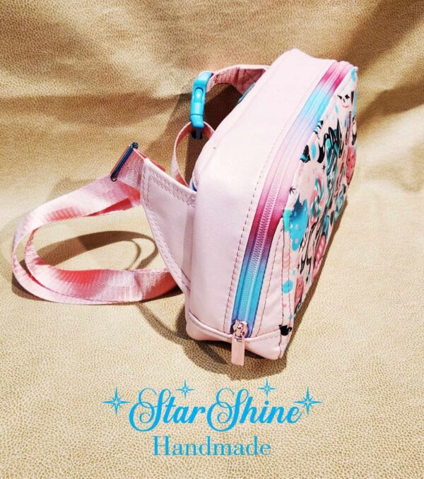 Vintage Inspired Pin Up, Pink Faux Leather Convertible Hip and Crossbody Bag. Side View.