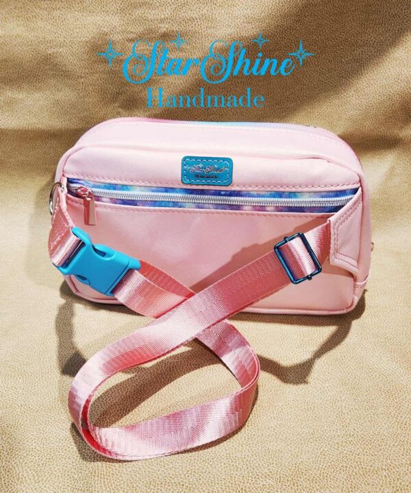 Vintage Inspired Pin Up, Pink Faux Leather Convertible Hip and Crossbody Bag. Rear View.