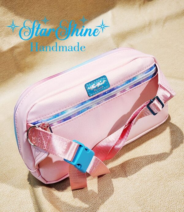 Vintage Inspired Pin Up, Pink Faux Leather Convertible Hip and Crossbody Bag. Rear View.
