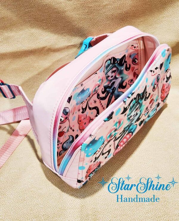 Vintage Inspired Pin Up, Pink Faux Leather Convertible Hip and Crossbody Bag. Interior View.