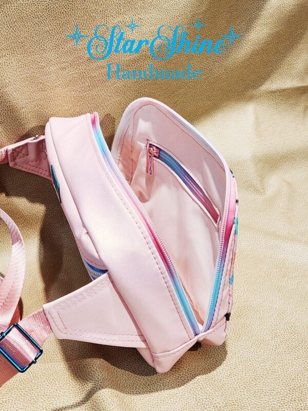 Vintage Inspired Pin Up, Pink Faux Leather Convertible Hip and Crossbody Bag. Interior View.