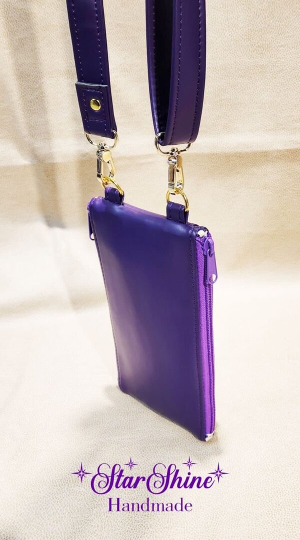 Purple Floral Cell Phone Wallet Crossbody Bag. Rear View.