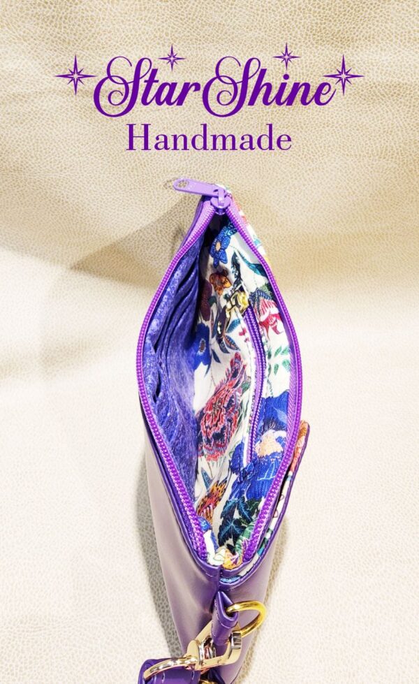 Purple Floral Cell Phone Wallet Crossbody Bag. Interior View.