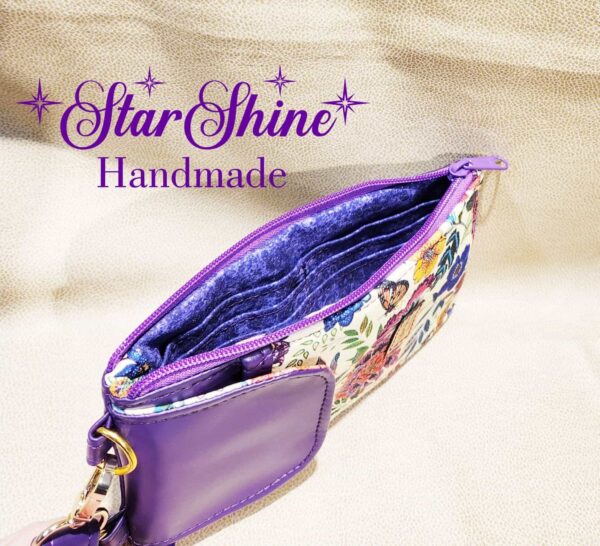Purple Floral Cell Phone Wallet Crossbody Bag. Interior Viewl.