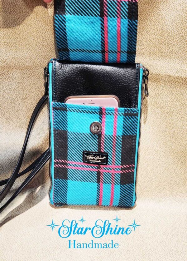 Turquoise Plaid Cellphone Wallet Crossbody Bag. Rear View