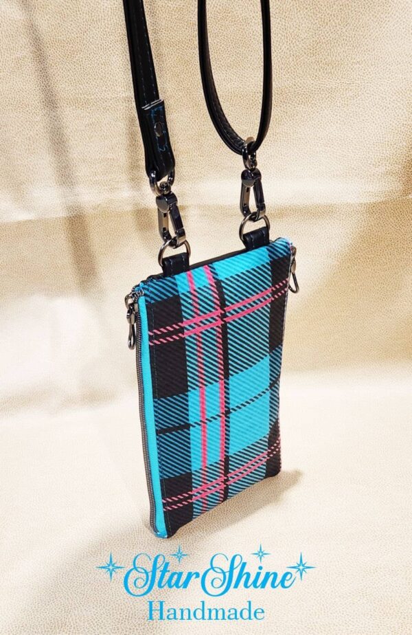 Turquoise Plaid Cellphone Wallet Crossbody Bag. Rear View