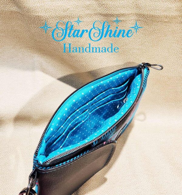Turquoise Plaid Cellphone Wallet Crossbody Bag. Interior View