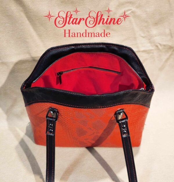 Black and Red Faux Croc Shoulder Bag. Interior View