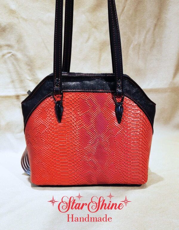 Black and Red Faux Croc Shoulder Bag. Rear View