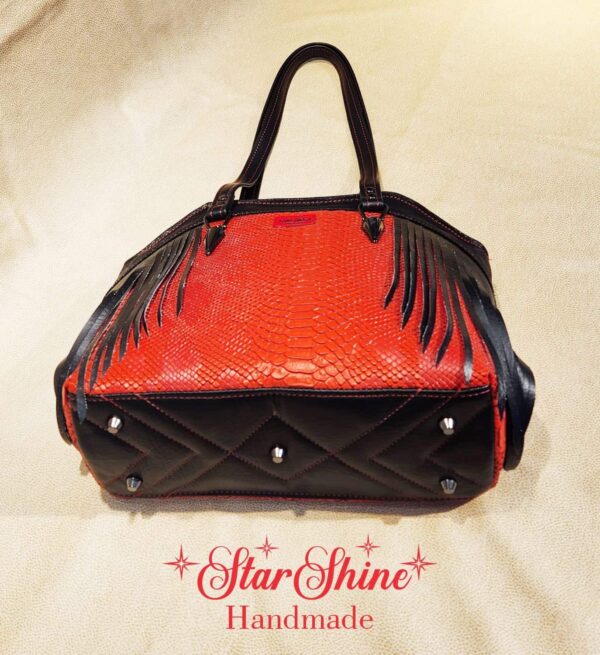 Black and Red Faux Croc Shoulder Bag. Bottom View