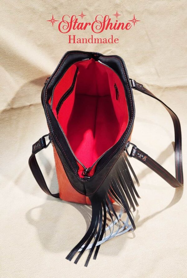 Black and Red Faux Croc Shoulder Bag. Interior View