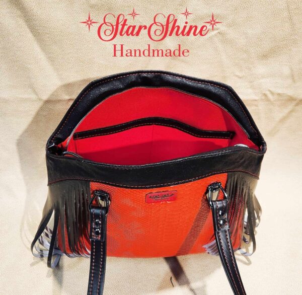 Black and Red Faux Croc Shoulder Bag. Interior View