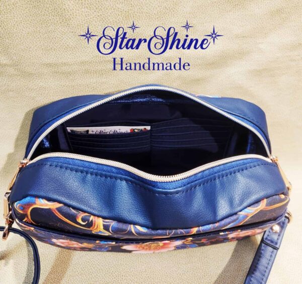 Blue Floral and Rose Gold Catalina Crossbody. Interior View