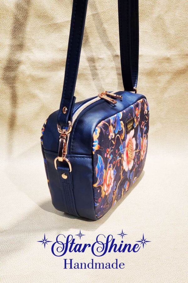 Blue Floral and Rose Gold Catalina Crossbody. Side View