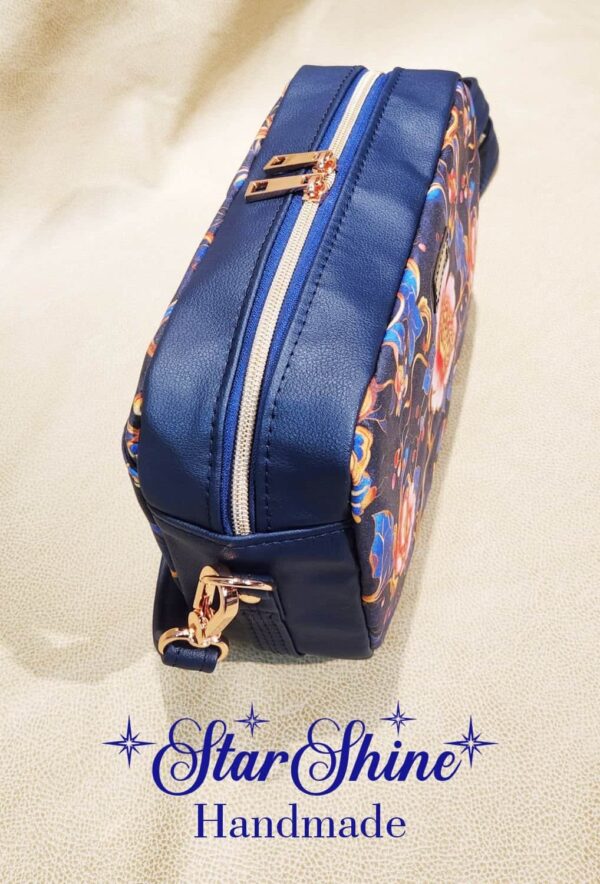 Blue Floral and Rose Gold Catalina Crossbody. Top View