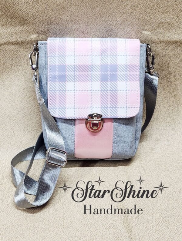 Pink and Gray Plaid Mini Mallory Crossbody. Front View.