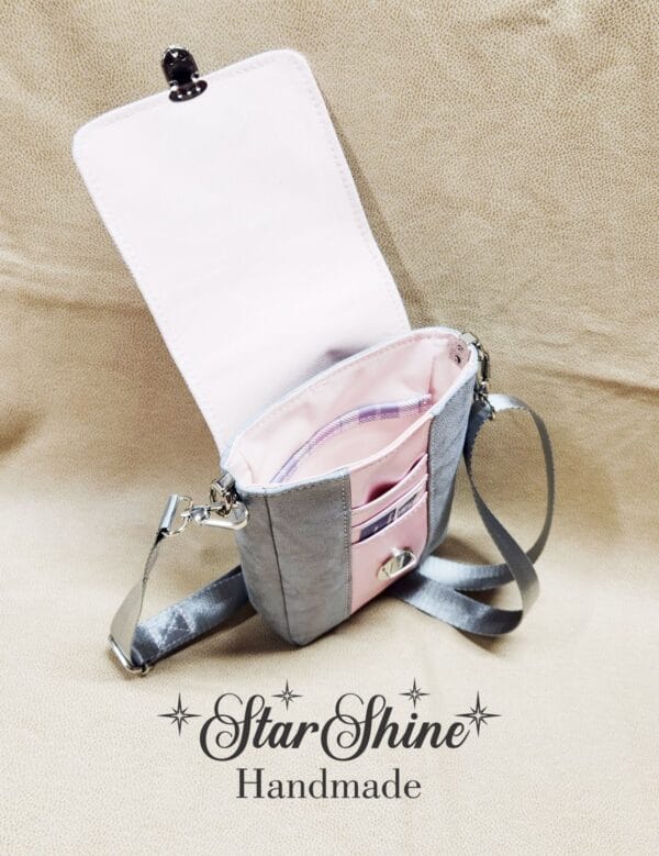 Pink and Gray Plaid Mini Mallory Crossbody. Front View Showing Interior