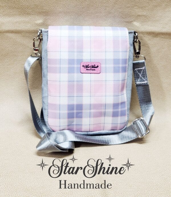 Pink and Gray Plaid Mini Mallory Crossbody. Rear View.