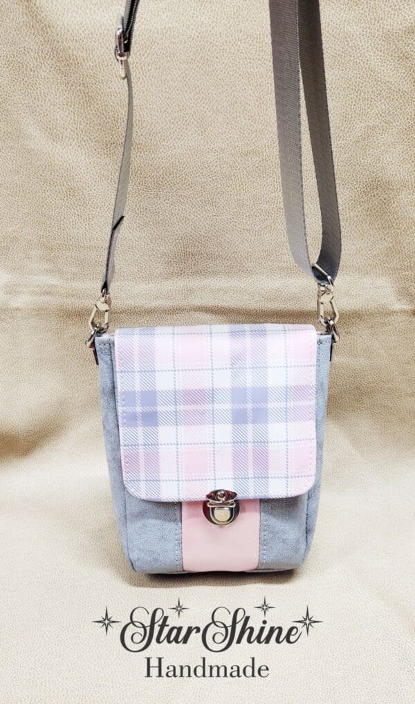 Pink and Gray Plaid Mini Mallory Crossbody. Front View.
