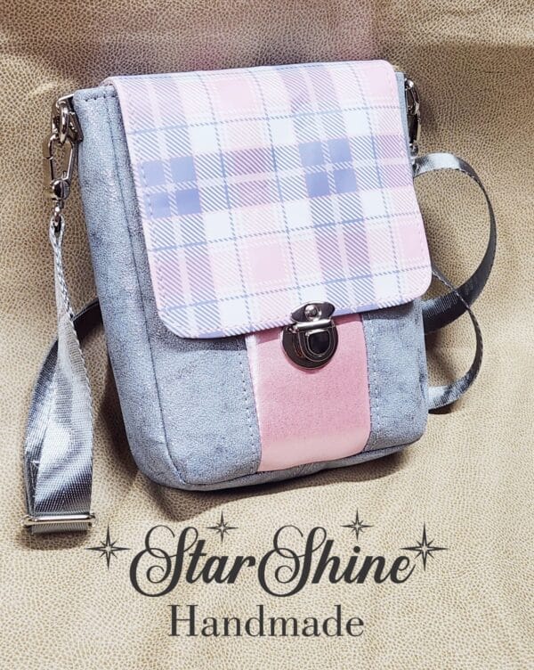 Pink and Gray Plaid Mini Mallory Crossbody. Front View.
