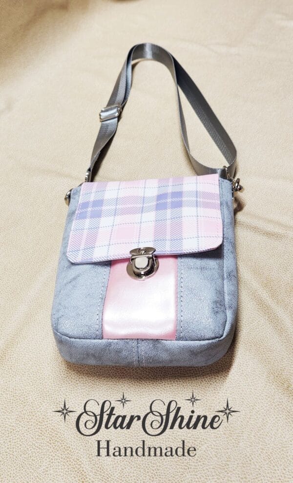 Pink and Gray Plaid Mini Mallory Crossbody. Bottom View.