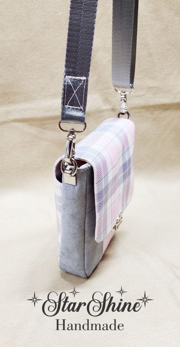Pink and Gray Plaid Mini Mallory Crossbody. Side View.