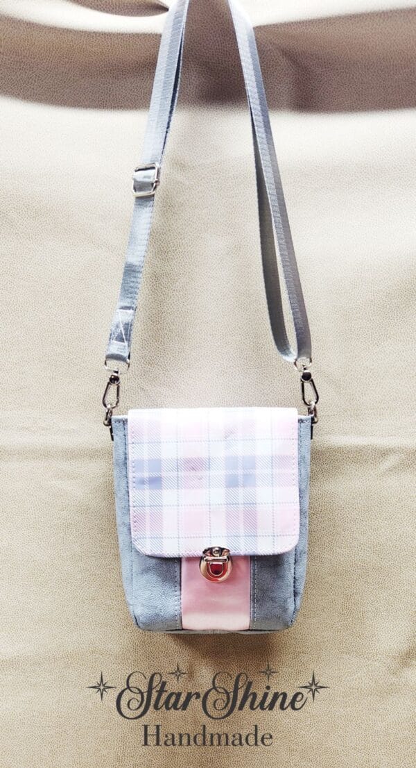 Pink and Gray Plaid Mini Mallory Crossbody. Front View.